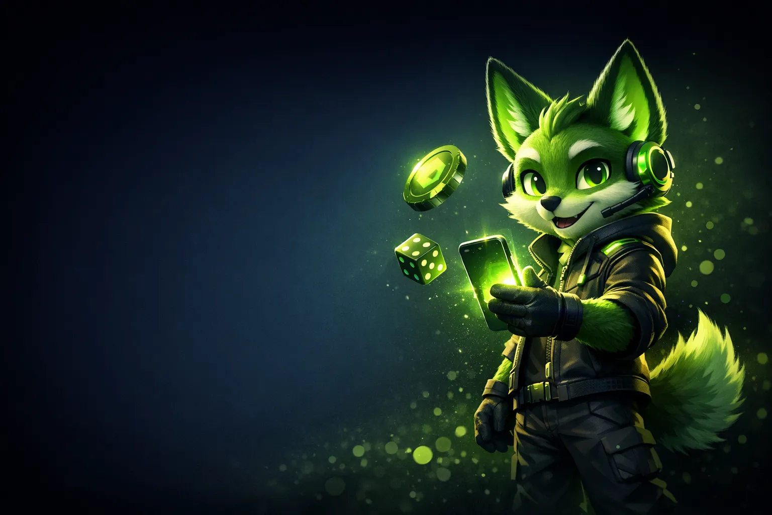 Futuristic 3D crypto game mascot with glowing teal accent light on deep navy background for BCGame app page